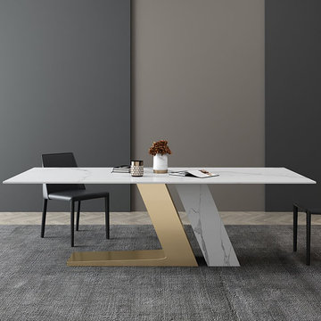 $1,698.99---White Rectangle Modern Dining Table Stone Top Stainless Steel in Bru