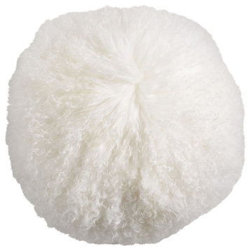Mongolian Lamb Fur Poly Filled Throw Pillow, Ivory, 16" Round