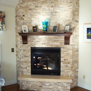 Stacked Stone Fireplace w Cherry Mantle & Corbels
