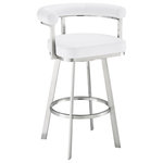 Armen Living - Nolagam Swivel Counter Stool, Brushed Stainless Steel With Faux Leather, White - Glam up your space with the flair of our Nolagam swivel bar or counter stool in faux leather and metal from Armen Living. Featuring a minimal and streamlined barrel back, our mid-century modern counter stool vouches for a sleek and inviting look. The plush cushioning at the back and the padded seat offers a comfortable seat while the open back allows for breathability. Uplifted with a chic metal frame, our stylish counter or barstool makes a powerful design statement. Upholstered in faux leather, it provides a comfortable stay at a high dining area, kitchen counter, or worktable. Faux leather does not crack easily and is stain resistant, does not fade easily and is also UV resistant. Counter or bar height stools that feature a swivel mechanism tend to be much more convenient for everyday use or when entertaining. The wonderful full 360-degree swivel function allows for maximum mobility. The smooth glide swivel function allows you to change directions with ease, making this your new favorite seat in your home. The Nolagam faux leather and metal kitchen barstool is available in your choice of a black finish with brown or grey faux leather, a brushed stainless-steel finish with your choice of black, light grey, or white faux leather, or a java brown finish with chocolate faux leather upholstery. This barstool is available in 26-inch or 30-inch seat heights options.