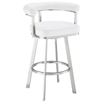 Nolagam Swivel Counter Stool, Brushed Stainless Steel With White Faux Leather