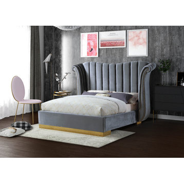 Flora Velvet Bed, Gray, Queen