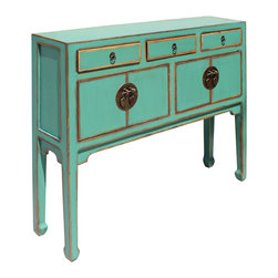 Chinese Oriental Distressed Teal Green Blue Narrow Slim Table - Console Tables
