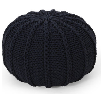 GDF Studio Agatha Knitted Cotton Pouf, Dark Blue