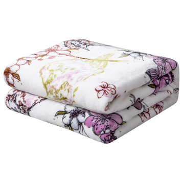 Blossoming Wonderland Floral Birds Soft Plush Fleece Throw Blanket, 90"x90"