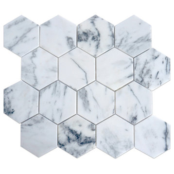3" Hexagon Honeycomb White Marble Mosaic Tile Backsplash, 10 Sheets