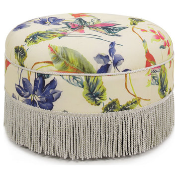 Yolanda 24" Upholstered Round Accent Ottoman, Tropical Floral Beige
