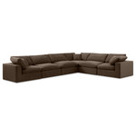 Meridian Furniture - Comfy Upholstered L-Shaped Modular Sectional, Brown, 6-Piece: 3 Armless Chair, 3 Corner Chair, Velvet - Give your space a whole new look with this brown Comfy velvet sectional. This handsome sectional fits nicely with other items in the Comfy collection and is a versatile seating option designed for adaptability, comfort and style. Wrapped in rich brown durable velvet upholstery, this sectional offers a plush embrace of overstuffed down feather cushions, carefully crafted to deliver the highest level of comfort. The perfect seat for creating an oasis for relaxation, this sectional has thick foam surrounding its frame for added support and coziness.
