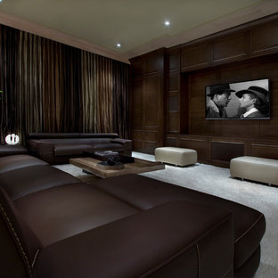 Example of a transitional carpeted and gray floor home theater design in Orlando