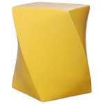 EMISSARY - Twist Stool/Table Sun Yellow 14x18 - This Twist ceramic garden stool with a bright sun yellow glaze is the perfect touch to any indoor or outdoor space. It can be used as a side table, an extra-seat or as a planter pedestal. This collection offers the best combination of design and glazes. A contemporary design combined with glazes in vibrant hues yields a transitional craftsman style.
