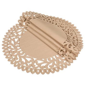 Vine Embroidered Cutwork Placemats, Burlywood, 16" Round, Set of 4