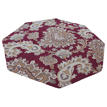 Hand Tufted Wool Octagon Area Rug Floral Dark Red