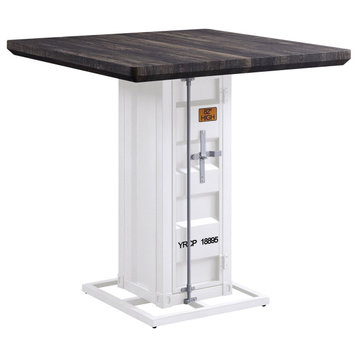 Industrial Counter Dining Table, Metal Pedestal Base with Recessed Panels, White
