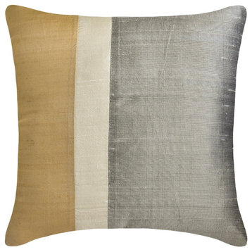 Gold & Grey Silk Color Block Patchwork 16"x16" Pillow Cover - Splendour Gold