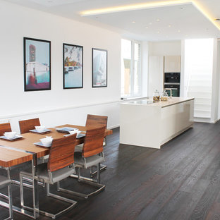 ブレーメンの広いコンテンポラリースタイルのLDKの画像 (白い壁、濃色無垢フローリング、暖炉なし)