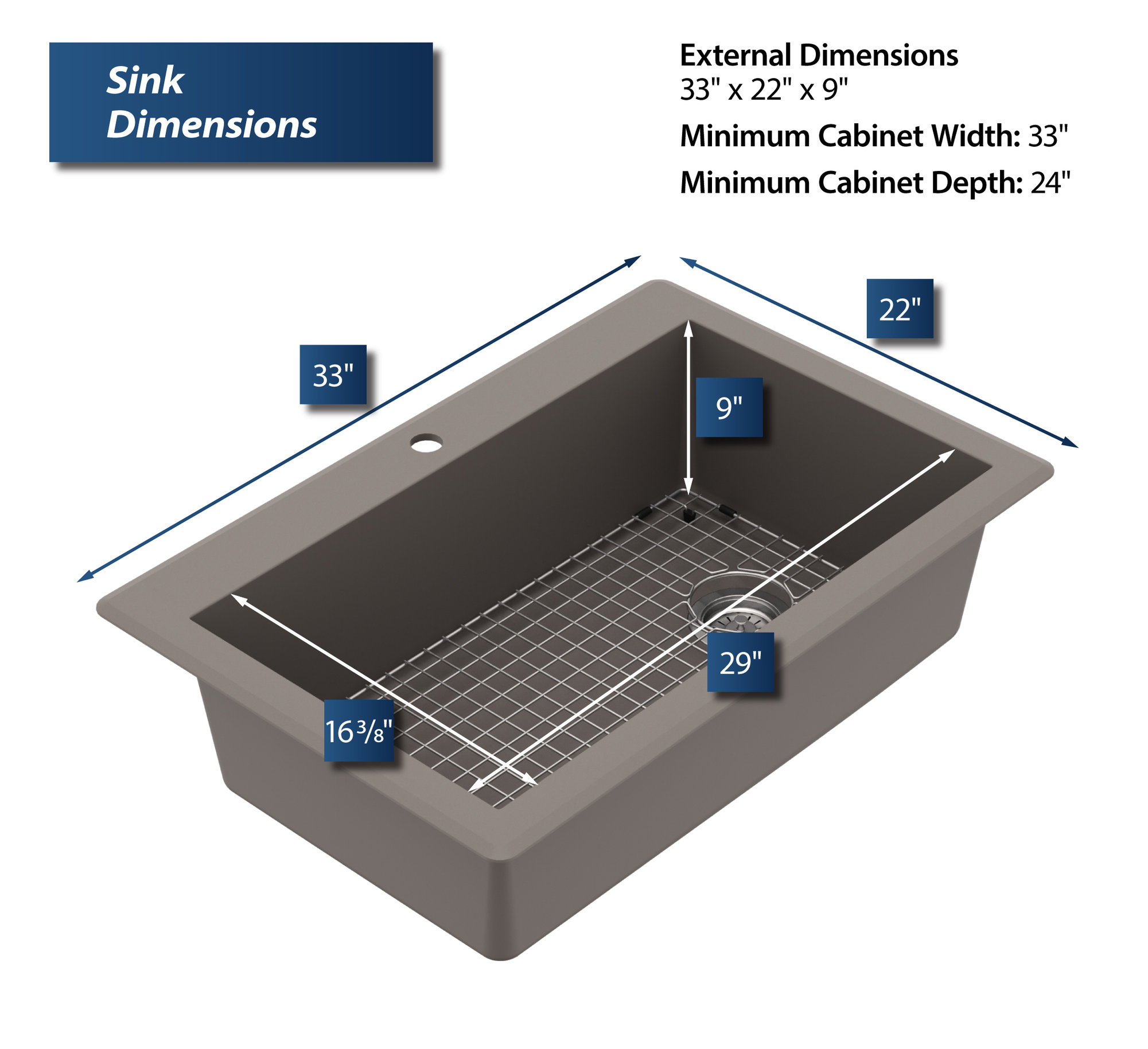 Karran Drop-In Quartz 33" 1-Hole Single Bowl Kitchen Sink Kit, Concrete