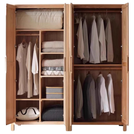 Oak Solid Wood Wardrobe, Natural Wood, 70.9x22x78.7", 4-Door Type A B