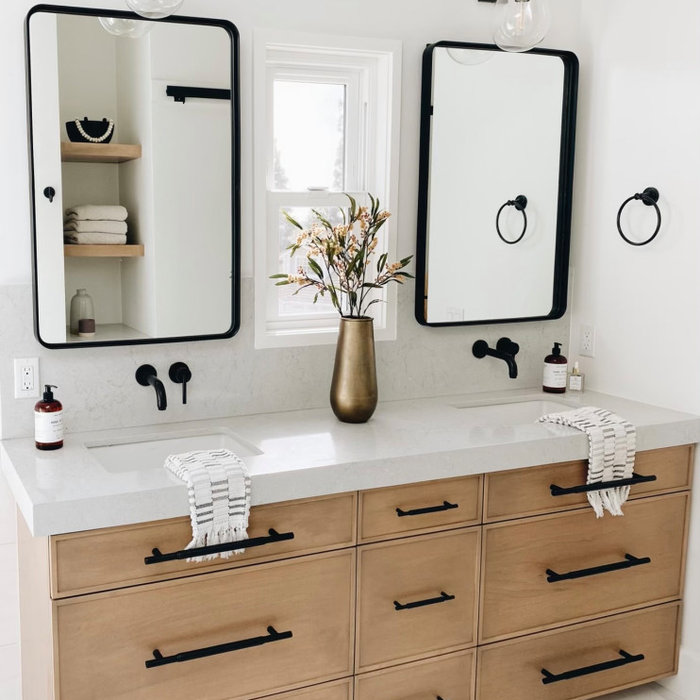 Example of a mid-sized country master white tile marble floor, white floor, double-sink and vaulted ceiling bathroom design in Orange County with shaker cabinets, gray cabinets, a one-piece toilet, wh