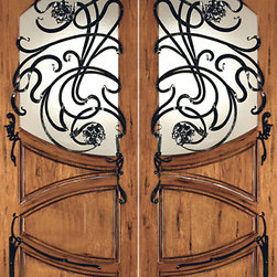 AN-2002-2 Mahogany Hand Carved Art Nouveau Forged iron Glass Entry Double Door - Windows And Doors