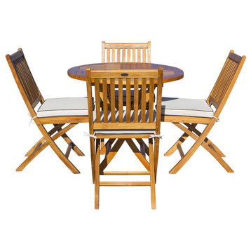 5-Piece Teak Wood Santa Barbara Patio Dining Set, Folding Table And Side Chairs