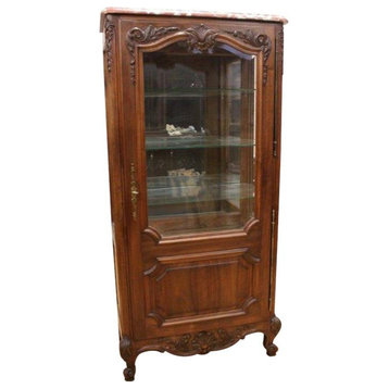 Consigned China Cabinet Louis XV French Rococo 1920 Walnut  Pink Marble  Glass