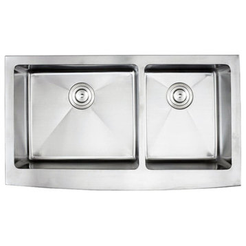 36" Stainless Steel Curved Front Farm Apron 60/40 Double Bowl Kitchen Sink