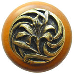 Notting Hill Decorative Hardware - Tiger Lily Wood Knob, Antique Brass, Maple Wood Finish, Antique Brass - Projection: 1-1/8"