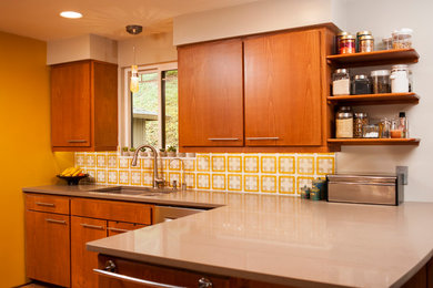 Danish cork floor kitchen photo in Other with concrete countertops