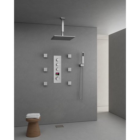 LED Digital Display Thermostatic Shower System with Body Jets,Hand Shower, Brushed Nickel, 12"