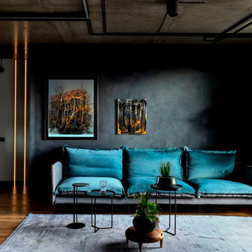 Black wall with blue upholstery design
