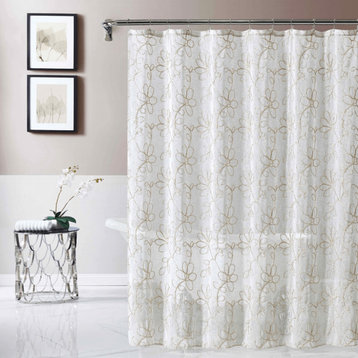 Tan and White Floral Embroider Shower Curtain