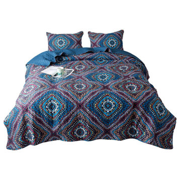 Bohemian Native Rustic Navy Blue Geometric Diamond Bedspread Set, Queen