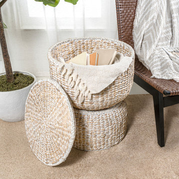 Bhola Hourglass Handwoven Hyacinth Storage Accent Table with Lid, White Wash