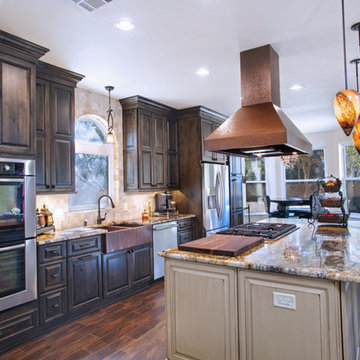 Rustic Old World Kitchen With Accent Island & Copper Hood