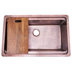 Nantucket Sinks - Nantucket Sinks' 32" Hammered Prepstation Dualmount Copper Sink - Now that's unique! This dualmount 32 inch copper prep-station sink has been hand hammered for a hand-crafted touch in your kitchen. The large single bowl design gives you maximum room while the built-in interior ledge provides extra function.  It's designed to hold the included acacia wood cutting board and free up your counterspace - keeping food debris right over the sink. Can be used with garbage disposers (not included).    Wide rounded corners allow for easy access to wipe down.   Made of 16 gauge copper, this large and stylish sink will be the centerpiece of your kitchen! Copper has a living finsh that will naturally patina over time which gives it its unique character. Acidic liquids and foods can alter the copper finish with prolonged contact but this should be temproary. Copper will naturally re-patina itself.  For everyday cleaning, use mild soap and warm water.  For protection against acids and to reduce change time of patina, a carnauba wax may be applied. Features a limited 5 year manufacturer's warranty.