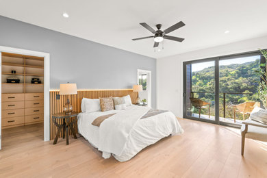 Example of a minimalist master light wood floor bedroom design in San Francisco