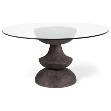 Henri 60" Round Solid Wood & Base Dining Table, Grey With Glass Top