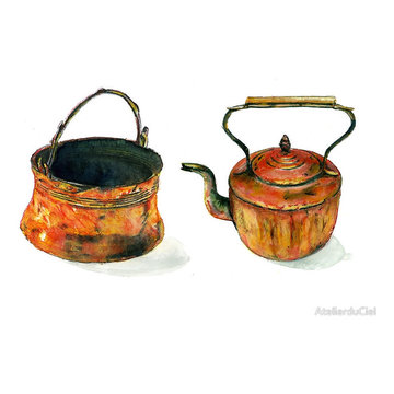 Fantastic kitchen art prints featuring antique copper pots