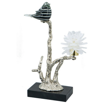 Benzara BM285005 Accent Decor Figurine, Bird on a Branch, Flower, Black, Silver