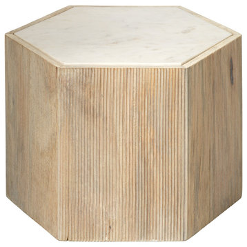 Bleached Wood White Marble Hexagon 14" Bunching Table Minimalist Contemporary