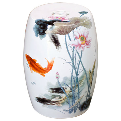 White Porcelain Koi Fish Lotus Pond Motif Asian Garden Stool