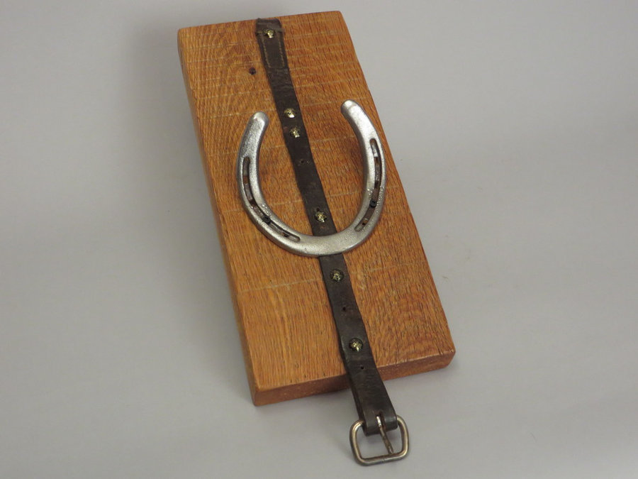 #R15042 Coat Rack Reclaimed Oak, horseshoes, leather.