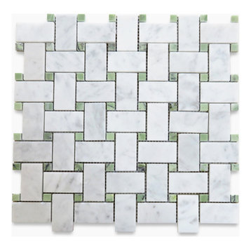 Carrara Venato Marble 1x2 Basketweave Mosaic Tile Green Dots Polished, 1 sheet
