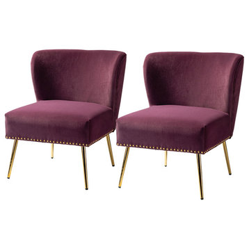 Upholstered Accent Chair With Nailhead Trim, Set of 2, Purple