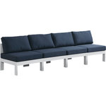 Meridian Furniture - Nizuc Water Resistant Patio Modular Straight Sofa, Navy, 4-Piece: 4 Armless Chair, White Aluminum Frame - Pick and choose your favorites from the Nizuc collection to create a modular seating group the whole gang will enjoy. The sturdy aluminum frame provides dependable support for friends and family as they relax and unwind, and the resilient navy water resistant fabric stands up to the elements without losing its beautiful demeanor, so you can count on it lasting for the long haul. Latches beneath these seating pieces help you easily attach them to one another for convenient setup.