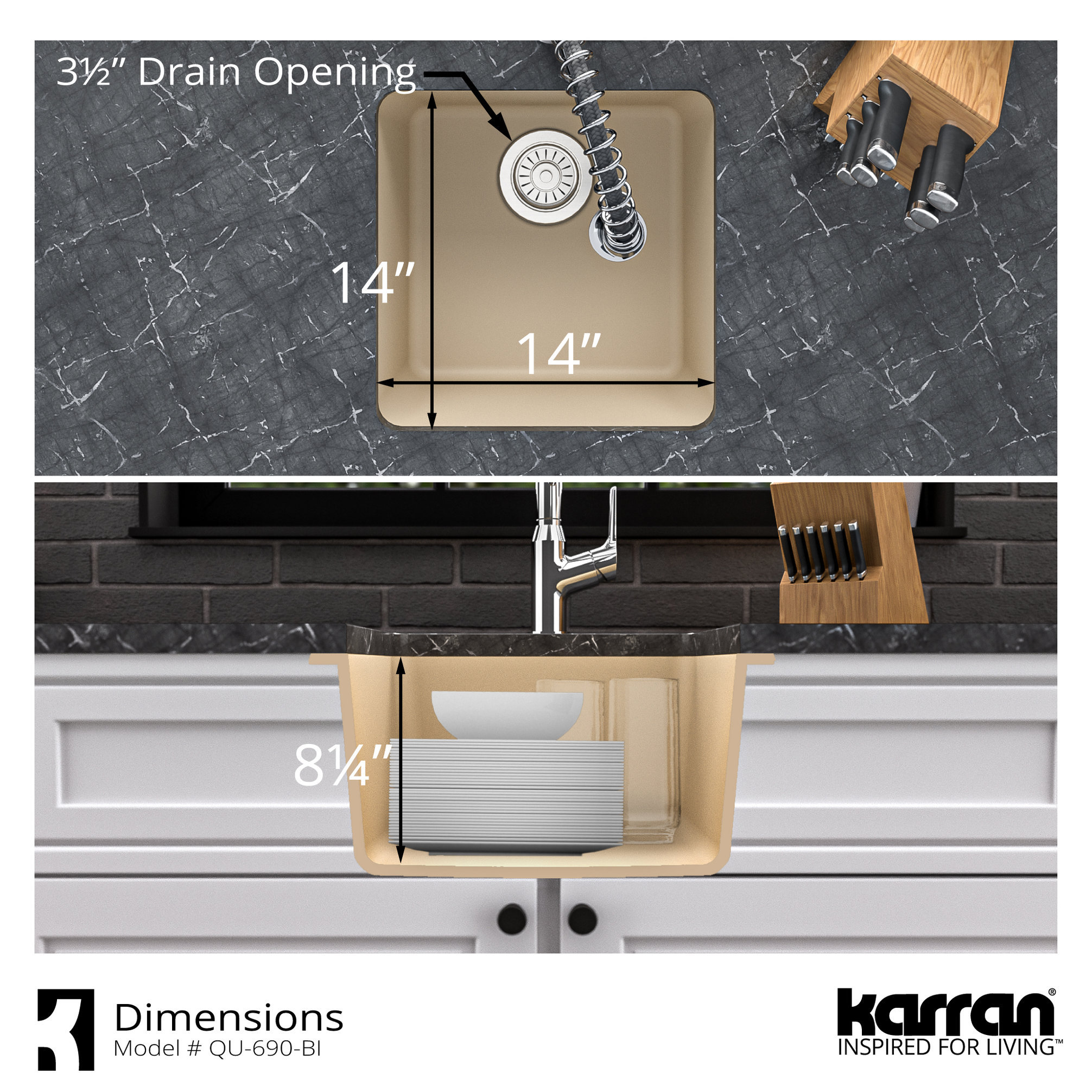 Karran Undermount Quartz Composite 17" Bar Single Bowl Sink, Bisque