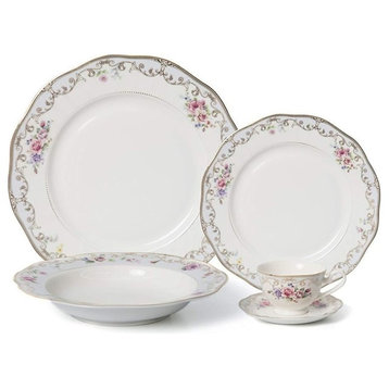 Royalty Porcelain 20-pc Dinner Set for 4, 24K Gold, Bone China (Romantic Bloom)