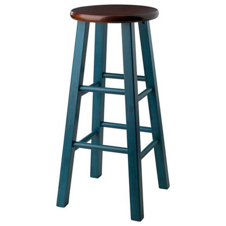 Pemberly Row 29.1" Transitional Solid Wood Bar Stool in Rustic Teal/Walnut