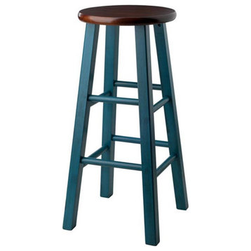 Pemberly Row 29.1" Transitional Solid Wood Bar Stool in Rustic Teal/Walnut