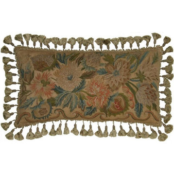 Hand-Embroidered Throw Pillow 16"x24" Brown/Beige Floral Design